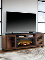 Kallari 84-inch warm brown and black TV stand with electric fireplace front view