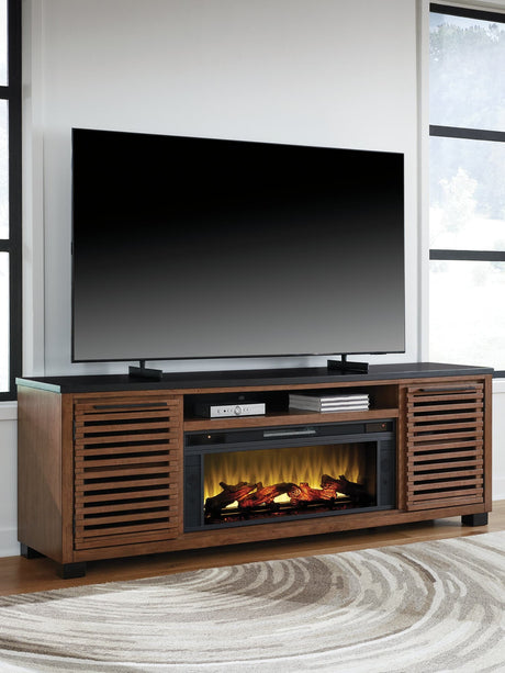 Kallari 84-inch warm brown and black TV stand with electric fireplace front view
