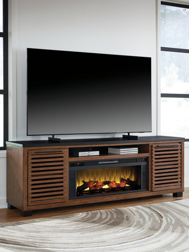 Kallari 84-inch warm brown and black TV stand with electric fireplace front view