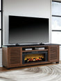 Kallari 84-inch warm brown and black TV stand with electric fireplace front view