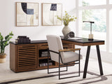 Kallari credenza and desk return in warm brown and black finish front view