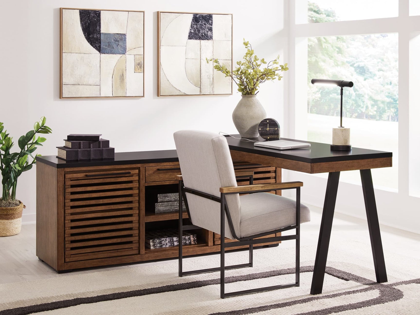 Kallari credenza and desk return in warm brown and black finish front view