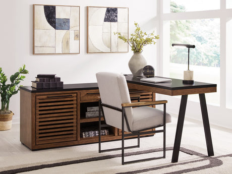 Kallari credenza and desk return in warm brown and black finish front view