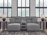 Modmax II salt and pepper 3-piece power reclining sectional with chaise and audio console front view