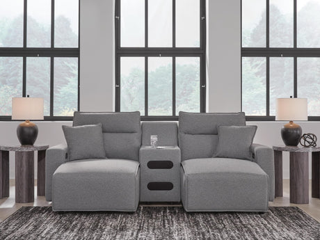 Modmax II salt and pepper 3-piece power reclining sectional with chaise and audio console front view