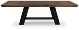 Greddinton Brown and Black Dining Extension Table, top view showing wood veneer inlay