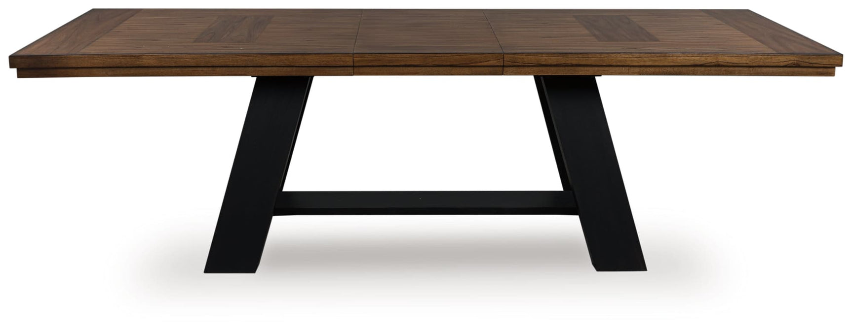Greddinton Brown and Black Dining Extension Table, top view showing wood veneer inlay