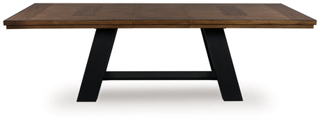 Greddinton Brown and Black Dining Extension Table, top view showing wood veneer inlay