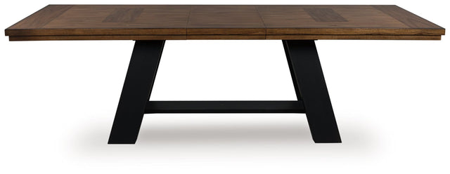 Greddinton Brown and Black Dining Extension Table, top view showing wood veneer inlay