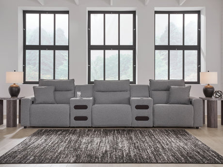 Modmax II Salt and Pepper 5-piece power reclining sectional with audio consoles front angle