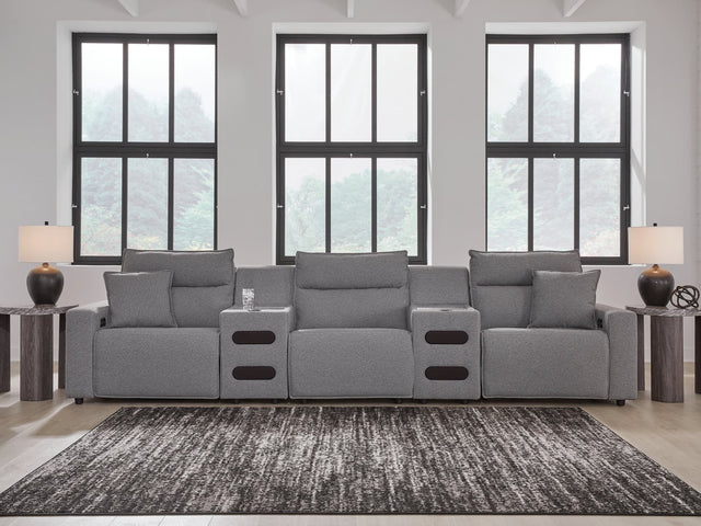 Modmax II Salt and Pepper 5-piece power reclining sectional with audio consoles front angle