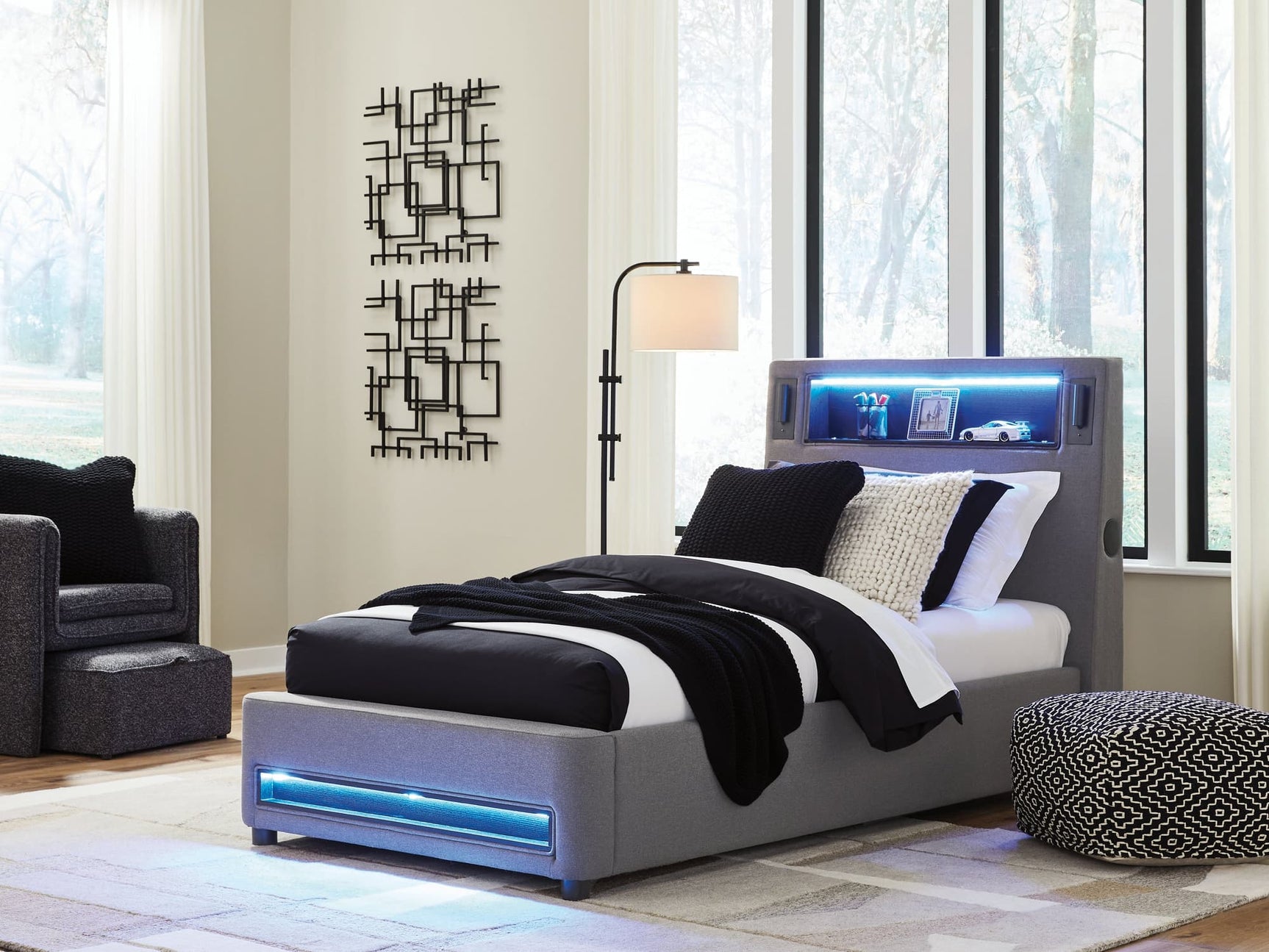 Verishaw Gray Twin Upholstered Bed with Wireless Audio front view