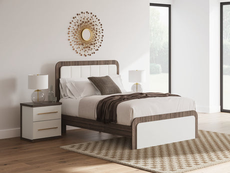 Kendanport White and Brown Queen Upholstered Bed front view