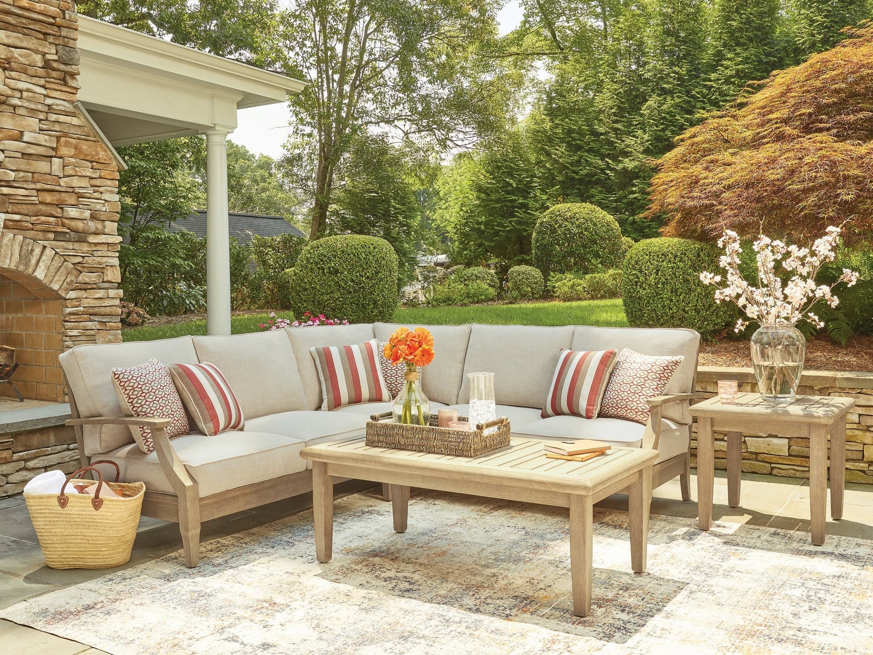 Clare View Beige 3-Piece Outdoor Sectional front view showing cushioned seats
