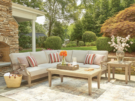 Clare View Beige 3-Piece Outdoor Sectional front view showing cushioned seats