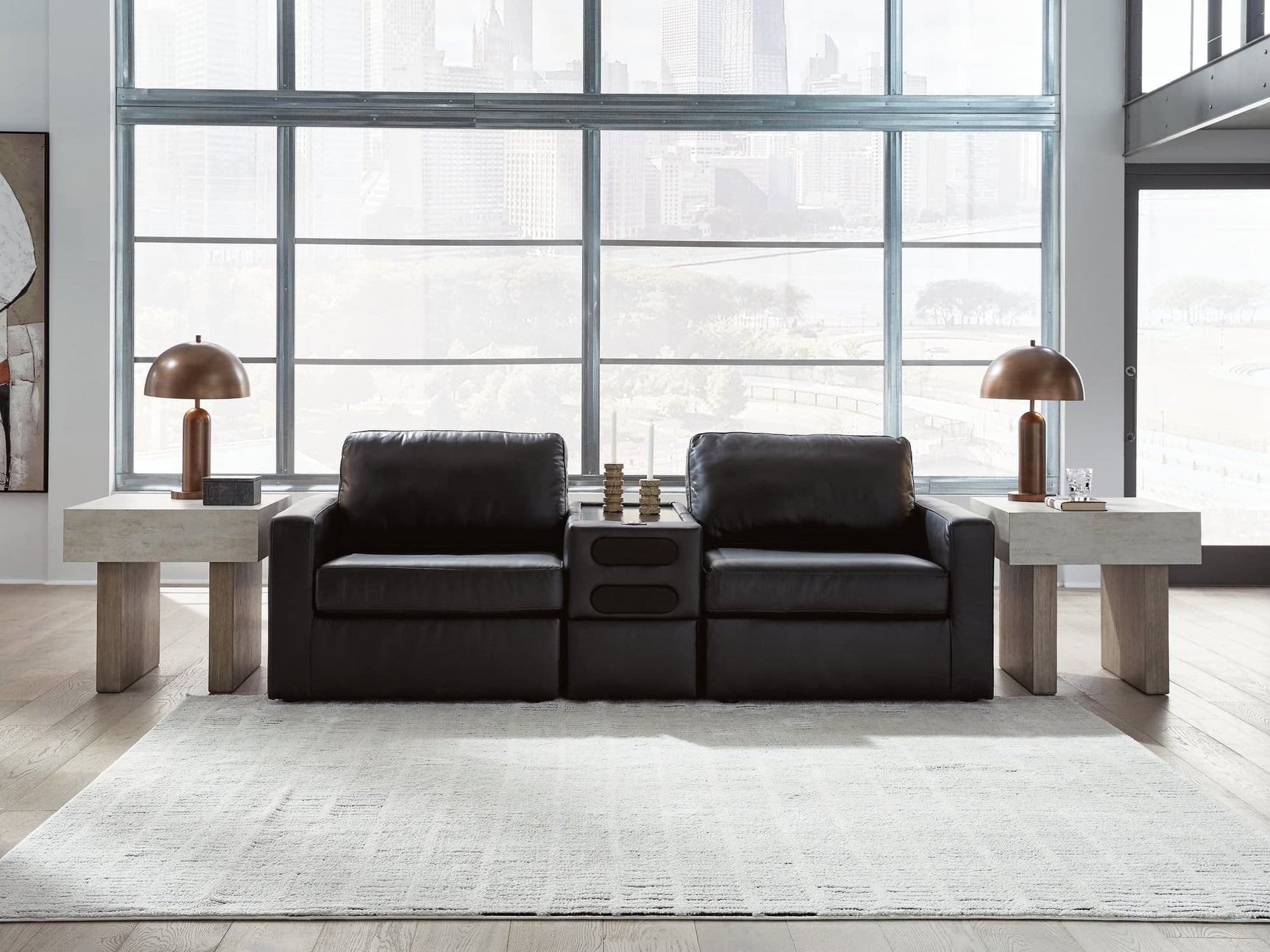 Modmax II black leather 3-piece sectional loveseat with audio console main view