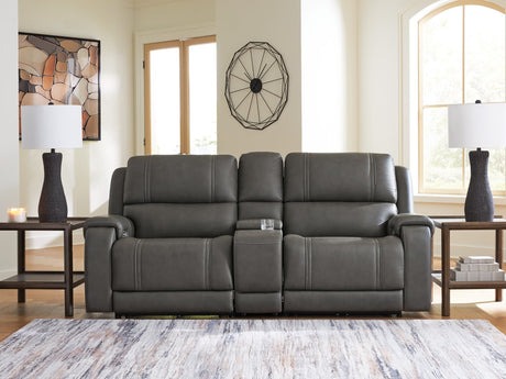 5Z Pittson Anchor Leather 3-Piece Power Reclining Sectional Loveseat with Console front view