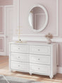 Kozlani white dresser with six drawers and crystal knobs, front view