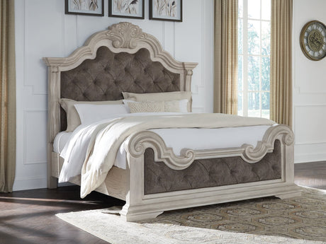 Bruchandi Antique White King Upholstered Panel Bed frontal view