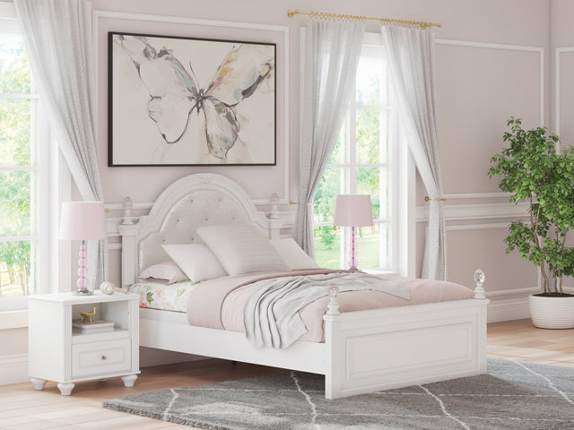 Kozlani White Full Upholstered Panel Bed front view with button-tufted headboard and LED lighting