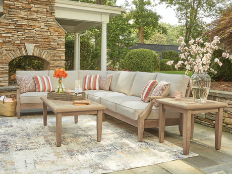 Clare View Beige 4-Piece Outdoor Sectional front angle view showing loveseat and corner seat