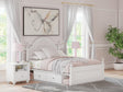 Front angle view of Kozlani White Full Upholstered Panel Storage Bed