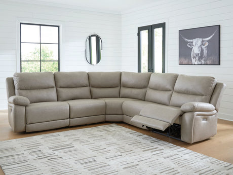 Narwhal Place faux leather power reclining sectional, front angle