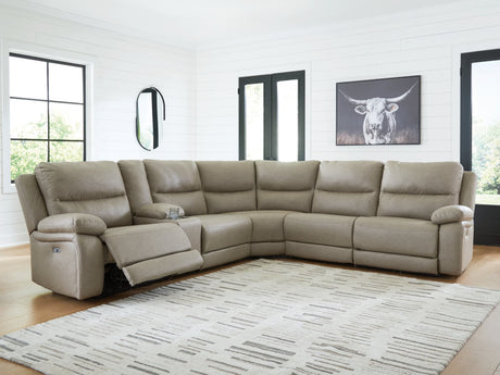 Narwhal Place Pebble Faux Leather 6-Piece Reclining Sectional with Storage Console front view