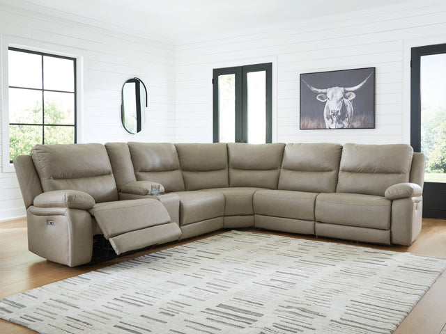 Narwhal Place Pebble Faux Leather 6-Piece Reclining Sectional with Storage Console front view