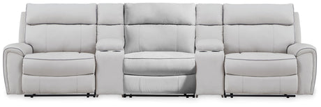 Social Pointe 5-piece pearl and ash chenille reclining sectional, front view