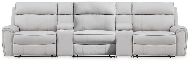 Social Pointe 5-piece pearl and ash chenille reclining sectional, front view