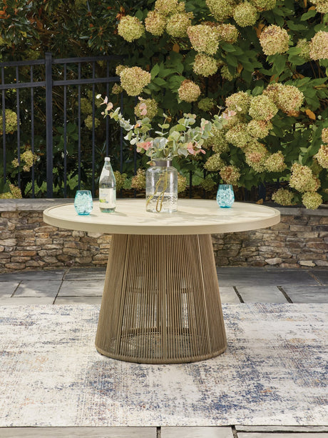 Orchard Beach Beige Outdoor Dining Table, front angle showing full tabletop