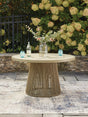 Orchard Beach Beige Outdoor Dining Table, front angle showing full tabletop