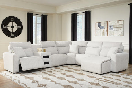 Modmax II Stone 6-Piece Reclining Sectional front angle with chaise and audio console
