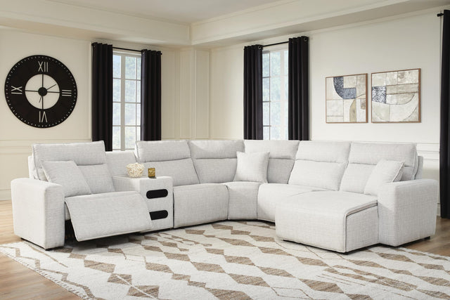 Modmax II Stone 6-Piece Reclining Sectional front angle with chaise and audio console