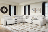 Modmax II Stone 7-Piece Power Reclining Sectional front view with audio consoles