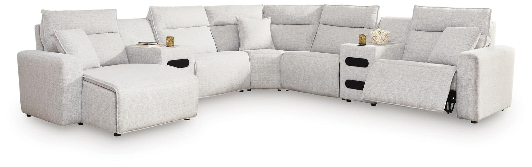 Modmax II Stone 7-Piece Power Reclining Sectional with Chaise and Audio Consoles front view