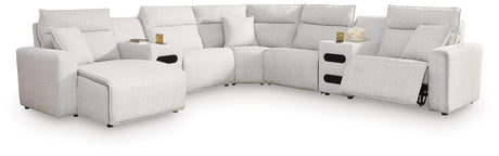Modmax II Stone 7-Piece Power Reclining Sectional with Chaise and Audio Consoles front view