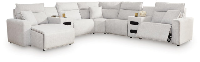 Modmax II Stone 7-Piece Power Reclining Sectional with Chaise and Audio Consoles front view