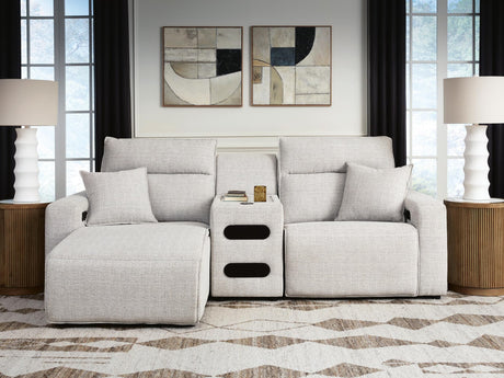 Modmax II Stone 3-Piece Power Reclining Sectional with Chaise and Audio Console, angled front view