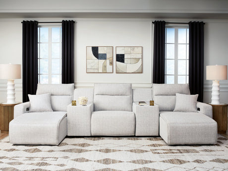Modmax II Stone 5-Piece Power Reclining Sectional viewed from front angle with chaise and consoles
