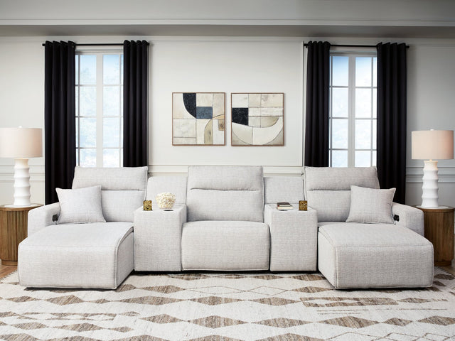 Modmax II Stone 5-Piece Power Reclining Sectional viewed from front angle with chaise and consoles