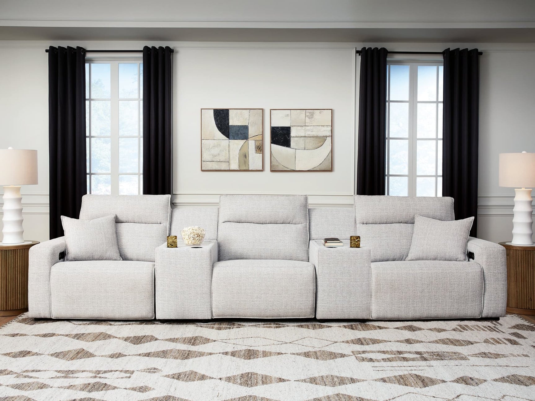 Modmax II Stone 5-Piece Power Reclining Sectional with consoles front angle