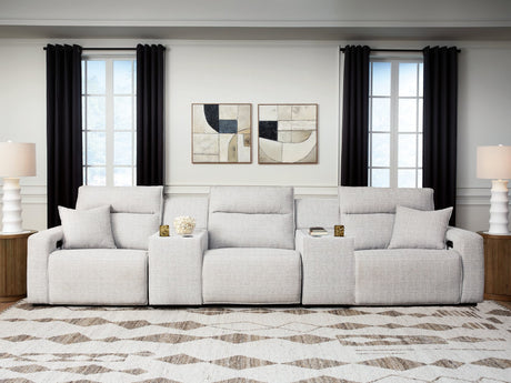 Modmax II Stone 5-Piece Power Reclining Sectional with consoles front angle