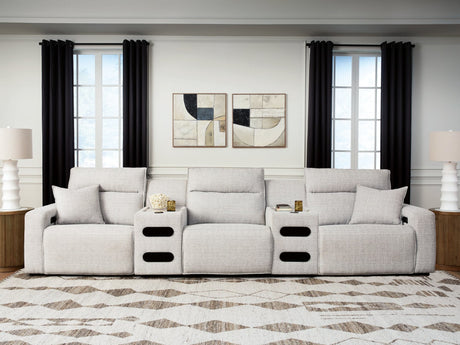 Modmax II Stone 5-Piece Power Reclining Sectional with Audio Consoles straight front view