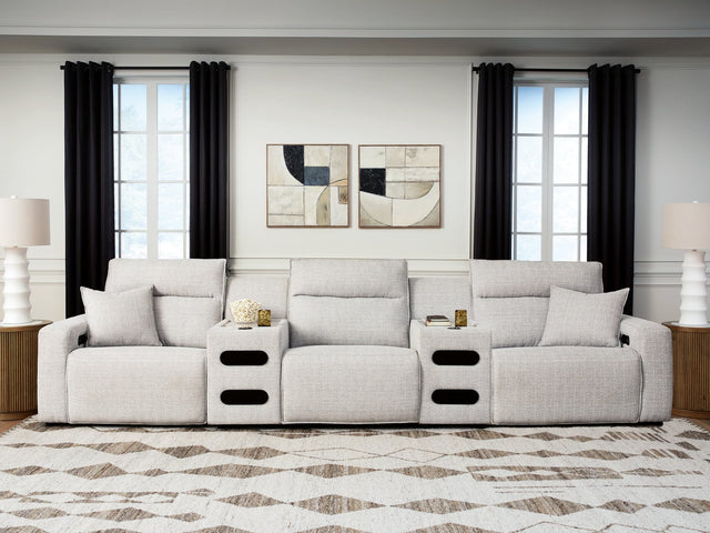 Modmax II Stone 5-Piece Power Reclining Sectional with Audio Consoles straight front view