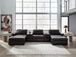 Modmax II black leather 5-piece double chaise sectional sofa with audio consoles, front view