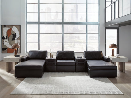 Modmax II black leather 5-piece double chaise sectional sofa with audio consoles, front view