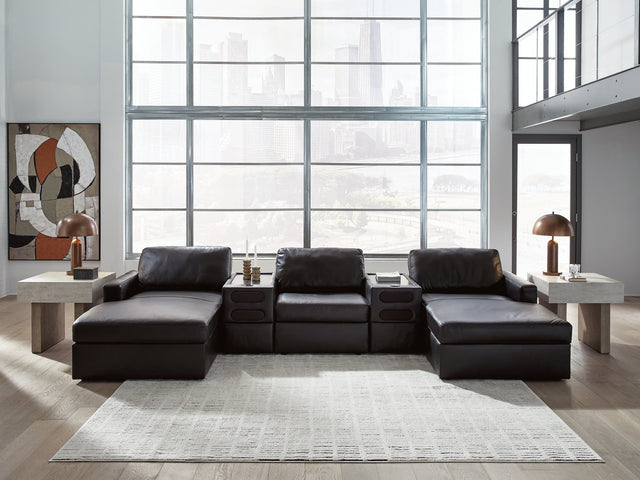 Modmax II black leather 5-piece double chaise sectional sofa with audio consoles, front view