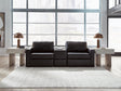 Modmax II black leather 3-piece sectional sofa with storage console front view